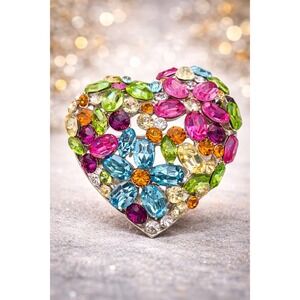 Multicolor Crystal Heart Brooch Silver Tone Rainbow Rhinestone Statement‎ Pin